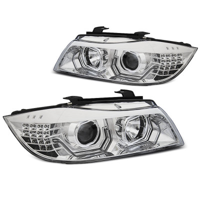 Faros Angel Eyes LED 3D BMW E90 E91 Cromada