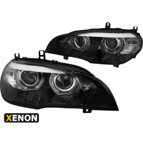 Faros Full LED Angel Eyes DRL Negros para BMW X5 E70 2007-2013 con Xenón de origen