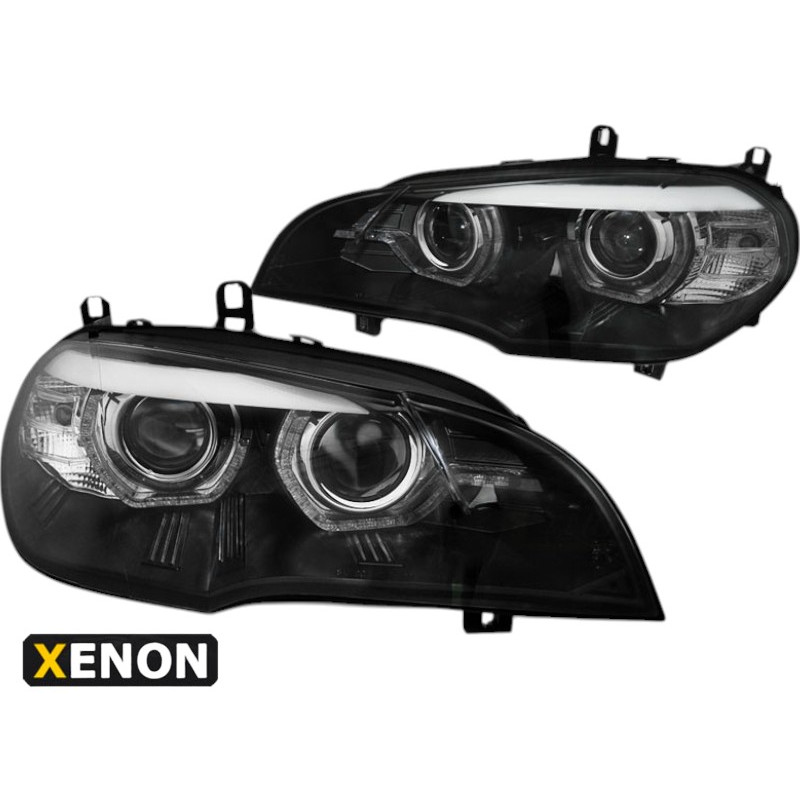 Faros Full LED Angel Eyes DRL Negros para BMW X5 E70 2007-2013 con Xenón de origen