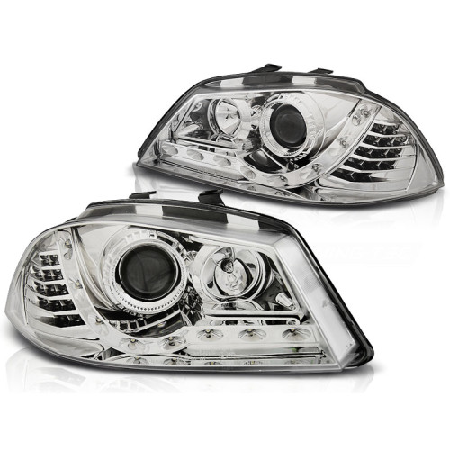 Faros cromados con luz diurna para SEAT Ibiza 2002–2008
