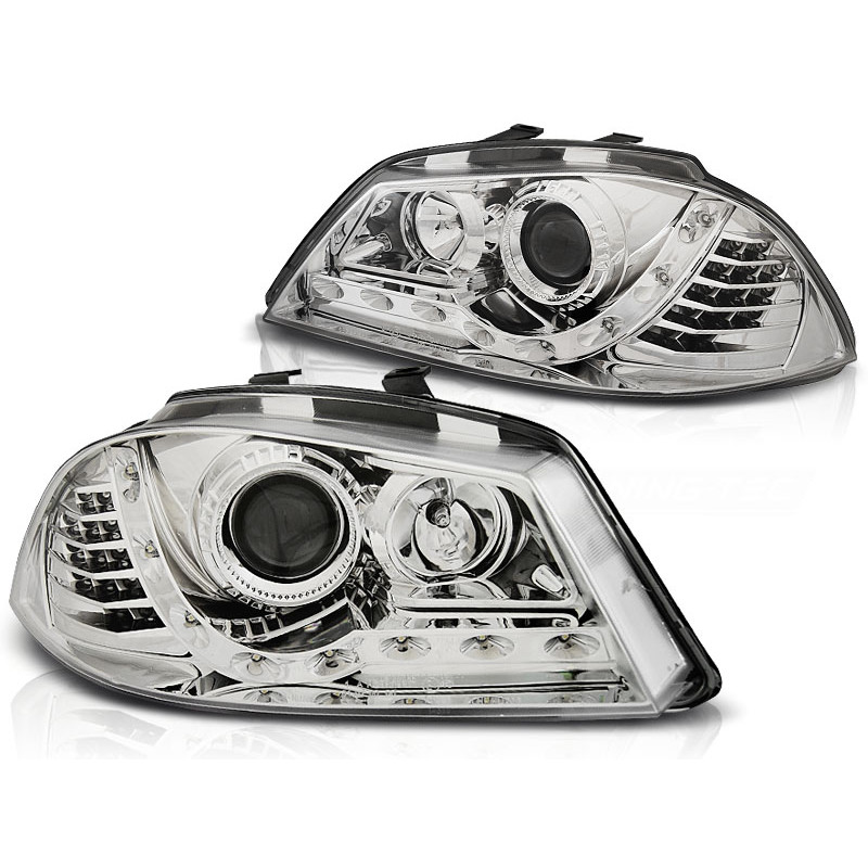Faros cromados con luz diurna para SEAT Ibiza 2002–2008