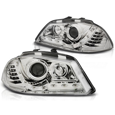 Faros cromados con luz diurna para SEAT Ibiza 2002–2008