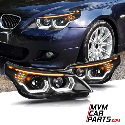 Faros delanteros BMW Serie 5 E60 E61 Angel Eyes Led Halo Fondo Negro
