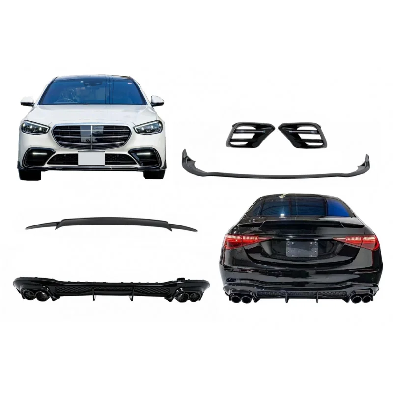 Kit Aerodinámico Mercedes Clase S W223 AMG Sport Line Difusor + Spoilers Negro Piano