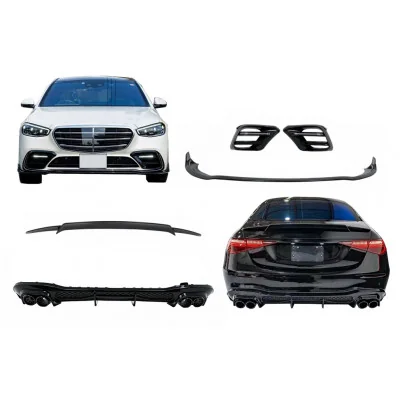 Kit Aerodinámico Mercedes Clase S W223 AMG Sport Line Difusor + Spoilers Negro Piano